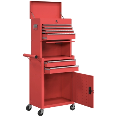 HOMCOM Large Tool Cabinet, 3-in-1 Rolling Tool Chest, Detachable Tool Storage Organizer with 6 Drawers and Pegboard, Red