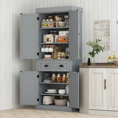 HOMCOM 72.5" Kitchen Pantry Cabinet, Freestanding Storage Cabinet with 4 Doors, Drawer and Adjustable Shelves, Grey