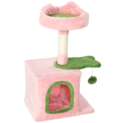 PawHut 28" Cat Tree Tower with Plush Top Bed, Cozy Condo, Sisal Scratching Post, Perch, Dangling Ball, Pink & Green