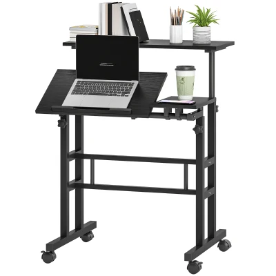 HOMCOM Mobile Stand Up Desk, Height & Angle Adjustable Computer Desk with Wheels for Standing or Sitting, Laptop Desk, Black
