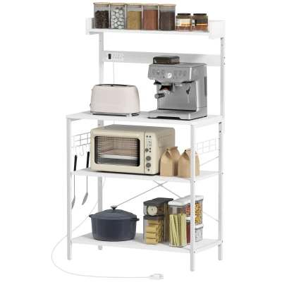 HOMCOM Kitchen Baker's Rack with Power Outlet, Coffee Bar Station with Adjustable Shelves and Hooks, Distressed White