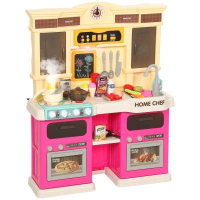 Qaba Play Kitchen Set, Kids Kitchen Playset with Real Lights and Sounds, Sink, Stove, Clock, Accessories, Pink