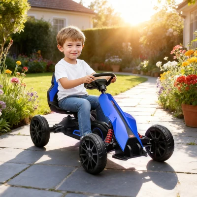 Aosom Kids Go Kart, Adjustable Seat, Swing Axle, Blue