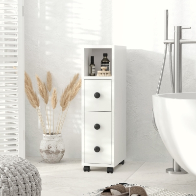 kleankin Slim Bathroom Cabinet with Wheels, Narrow Bathroom Storage Cabinet with Door, Drawer and 2 Open Compartments, White