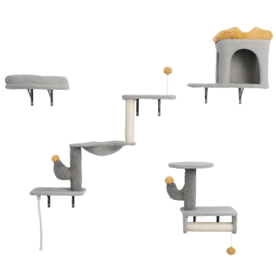 PawHut Cat Wall Shelves, 4 Pcs Cat Wall Furniture Set with Scratching Posts, Condo, Hammock, Perchs, Light Grey