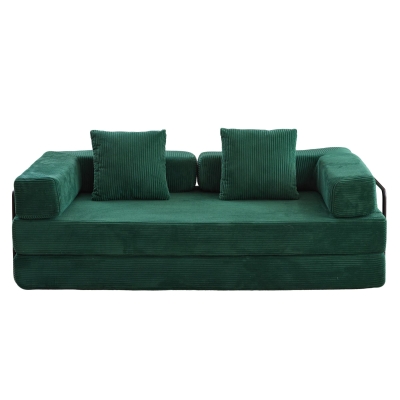 Convertible Floor Sofa Bed with Pillow Back Support and Armrest, Dark Green