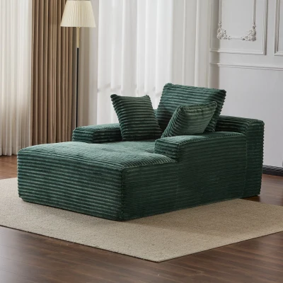Oversized Chaise Lounge Chair with 3 Throw Pillows and Wide Armrest, Green