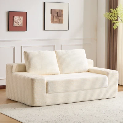 Modern Loveseat Sofa Bed with Reversible Cushion and Pillows, White