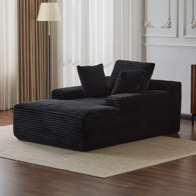 Oversized Chaise Lounge Chair with 3 Throw Pillows and Wide Armrest, Black
