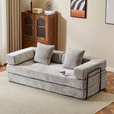 Convertible Floor Sofa Bed with Pillow Back Support and Armrest, Light Grey
