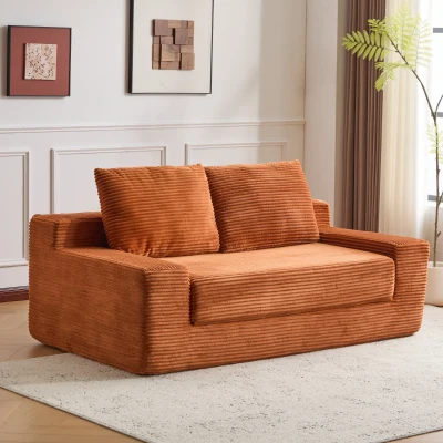 Modern Loveseat Sofa Bed with Reversible Cushion and Pillows, Orange