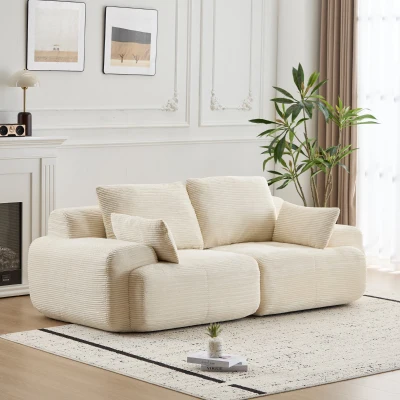2-Seater Large Sectional Couch with Pet-Friendly Corduroy Fabric, Beige