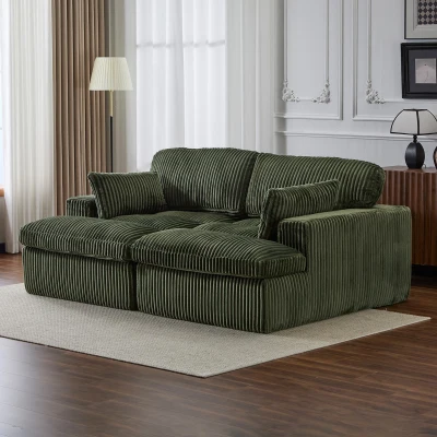 Double Chaise Lounge Chair with Deep Seat and Corduroy Fabric, Green