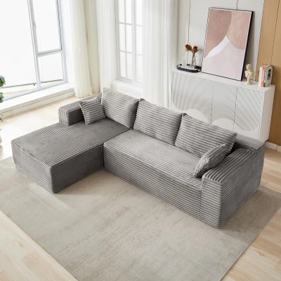Minimalist Compression Sectional Couch with Comfy Chaise, Grey