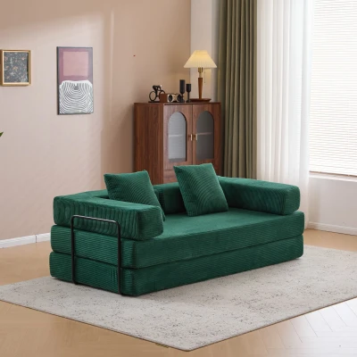 Convertible Floor Sofa Bed with Pillow Back Support and Armrest, Dark Green
