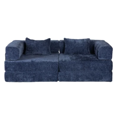 Convertible Floor Sofa Bed with Fixed-Shape Frame and Chenille Fabric, Dark Blue
