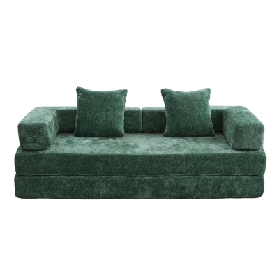Convertible Floor Sofa Bed with Pillow Back Support and Armrest, Dark Green