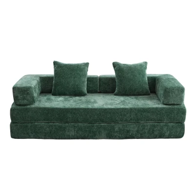 Convertible Floor Sofa Bed with Pillow Back Support and Armrest, Dark Green