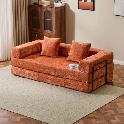 Convertible Floor Sofa Bed with Pillow Back Support and Armrest, Orange