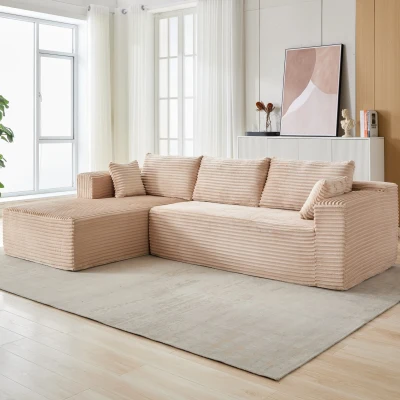 Minimalist Compression Sectional Couch with Comfy Chaise, Beige