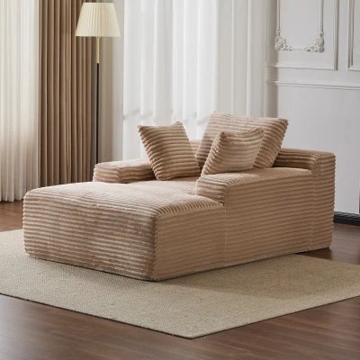 Oversized Chaise Lounge Chair with 3 Throw Pillows and Wide Armrest, Beige