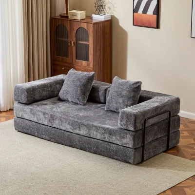 Convertible Floor Sofa Bed with Pillow Back Support and Armrest, Dark Grey