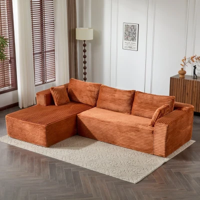 Minimalist Compression Sectional Couch with Comfy Chaise, Brown