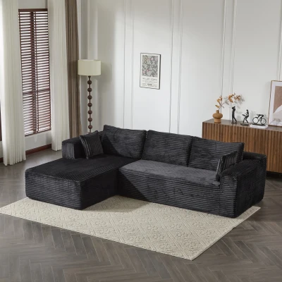 Minimalist Compression Sectional Couch with Comfy Chaise, Black