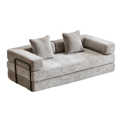 Convertible Floor Sofa Bed with Pillow Back Support and Armrest, Light Grey