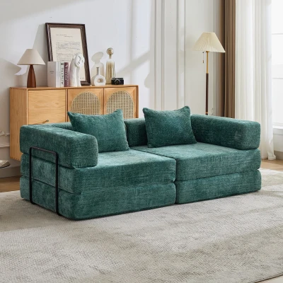 Convertible Floor Sofa Bed with Fixed-Shape Frame, Dark Green