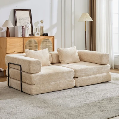 Convertible Floor Sofa Bed with Fixed-Shape Frame and Chenille Fabric, Beige