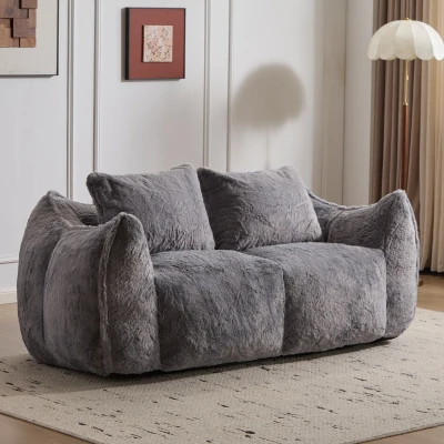 Giant Bean Bag Couch with High-Density Foam and Faux Fur Fabric, Grey