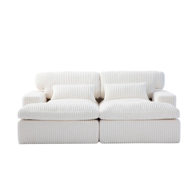 Double Chaise Lounge Chair with Deep Seat and Corduroy Fabric, White