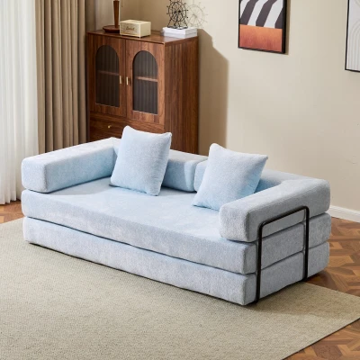 Convertible Floor Sofa Bed with Pillow Back Support and Armrest, Light Blue