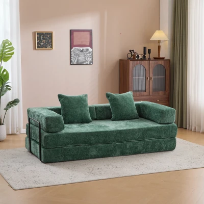 Convertible Floor Sofa Bed with Pillow Back Support and Armrest, Dark Green