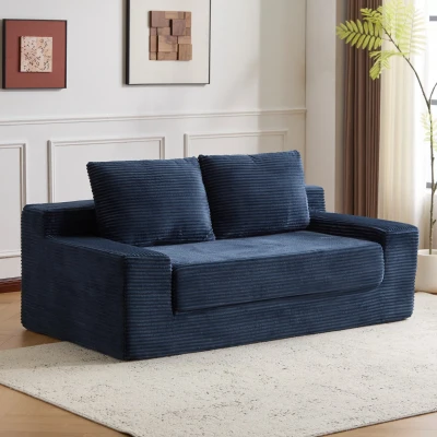 Modern Loveseat Sofa Bed with Reversible Cushion and Pillows, Dark Blue