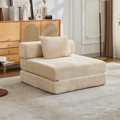 Single Seater Modular Sectional Sofa with Chenille Fabric, Beige