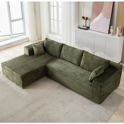 Minimalist Compression Sectional Couch with Comfy Chaise, Green
