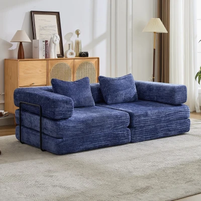 Convertible Floor Sofa Bed with Fixed-Shape Frame and Chenille Fabric, Dark Blue