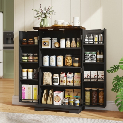 HOMCOM Farmhouse Kitchen Pantry Storage Cabinet, Kitchen Pantry Cabinet with Doors and Adjustable Shelves, Black
