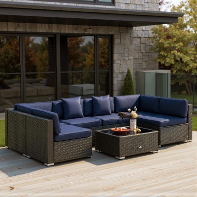Outsunny 7 Pieces Patio Furniture Set, Rattan Outdoor Conversation Set Garden Wicker Sofa Set, Sectional Furniture, Navy