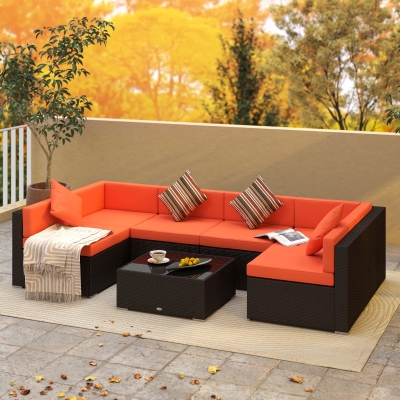 Outsunny 7pcs Garden Wicker Sectional Set w/ Tea Table Patio Rattan Lounge Sofa with Cushion for Outdoor Deck Orange