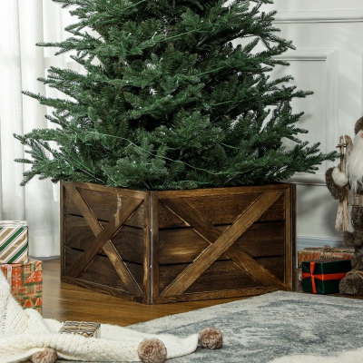HOMCOM 24" Farmhouse Christmas Tree Base Cover Wooden Christmas Tree Collar Box Home Decoration Dark Distressed Wood Finish