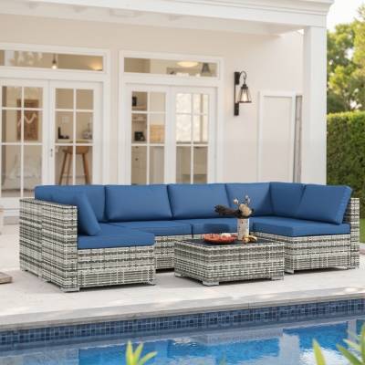 Outsunny 7pc Garden Wicker Sectional Set w/ Tea Table Patio Rattan Lounge Sofa Outdoor Deck Furniture Blue