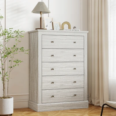 HOMCOM 31" Farmhouse Chest with 5 Drawers, Wood Top, Dirty Oak