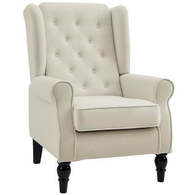 HOMCOM Fabric Accent Chair, Button Tufted Armchair, Upholstered Modern Living Room Chair, Wingback Chair with Wood Legs, Rolled Arms, Thick Padding for Bedroom, White