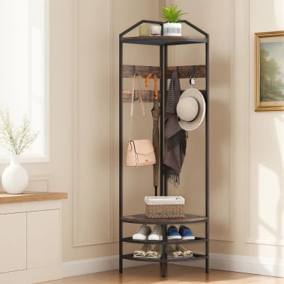 HOMCOM Corner Hall Tree Coat Rack with Shoe Storage, Rustic Brown