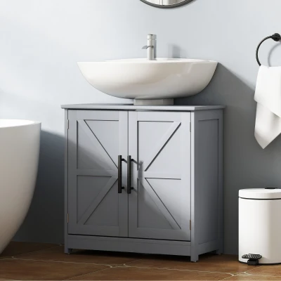 HOMCOM Farmhouse Sink Cabinet with Barn Doors & Shelf, Dark Gray