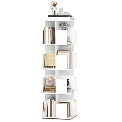 HOMCOM 360° Rotating Bookcase, 4 Tier Bookshelf with 16 Cubbies for Small Space, Living Room, Bedroom, Study, White Wood Grain