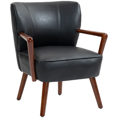 HOMCOM Accent Chair, Modern Armchair, Faux Leather Upholstered Living Room Chair with Wood Legs and Wide Padded Seat, Black
